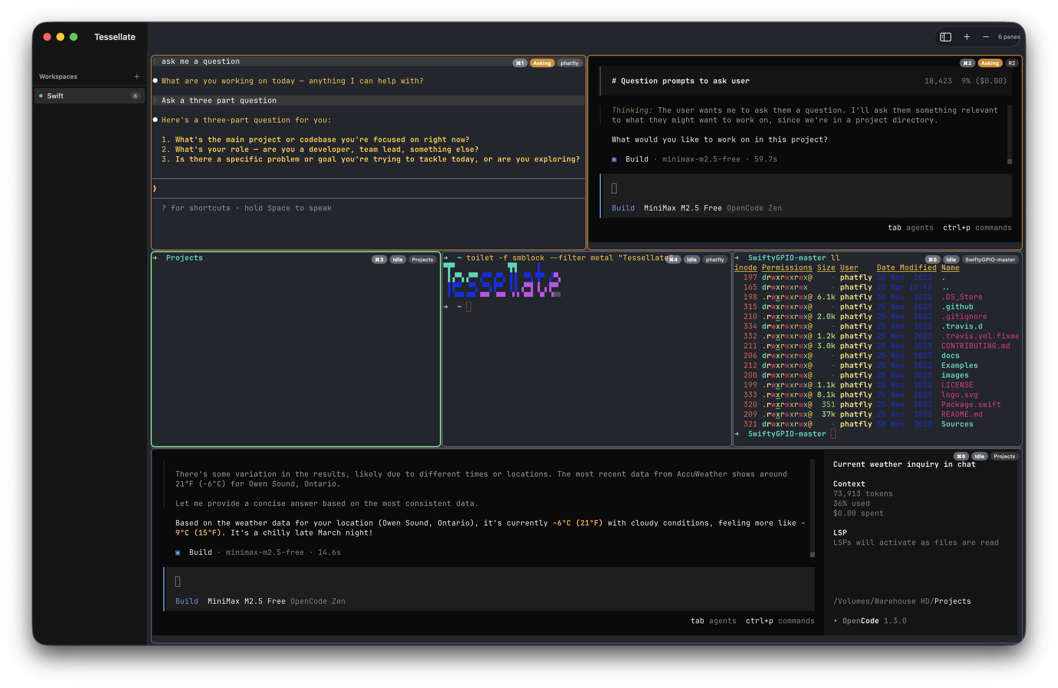 Tessellate with six tiled terminal panes running Claude Code, OpenCode, and vim simultaneously